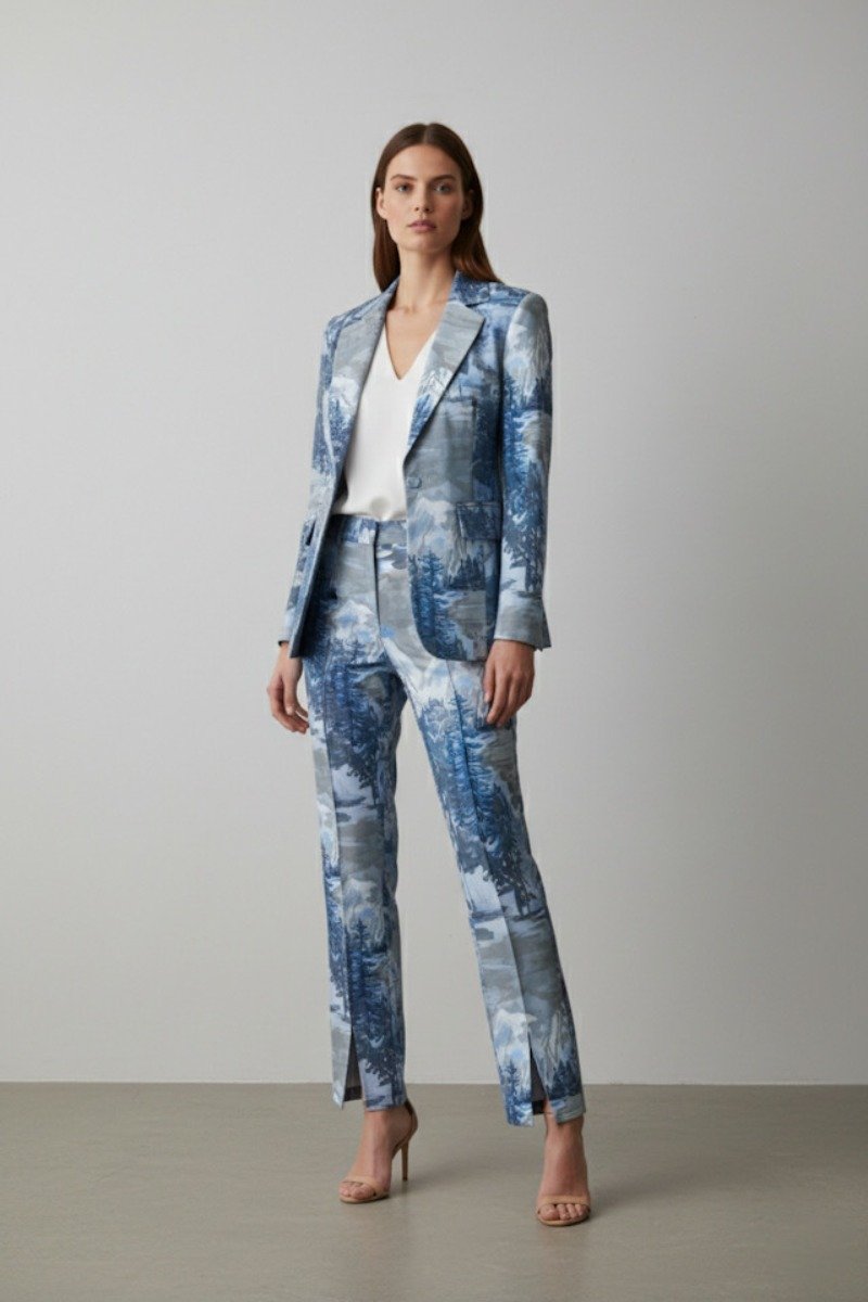 Garnitur damski Blue Landscape – elegancki niebieski garnitur damski komplet z taliowaną marynarką i spodniami cygaretki