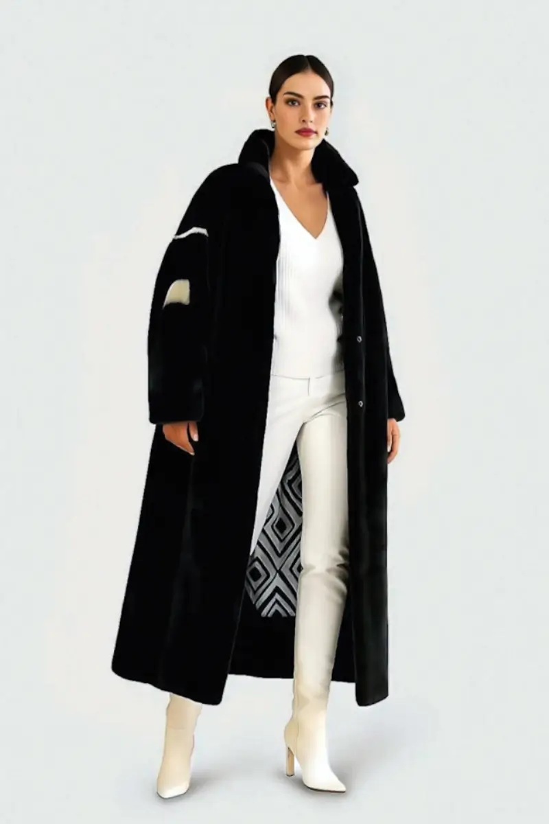 Czarne sztuczne futro damskie BLACK AND WHITE PABLO – luksusowy płaszcz maxi