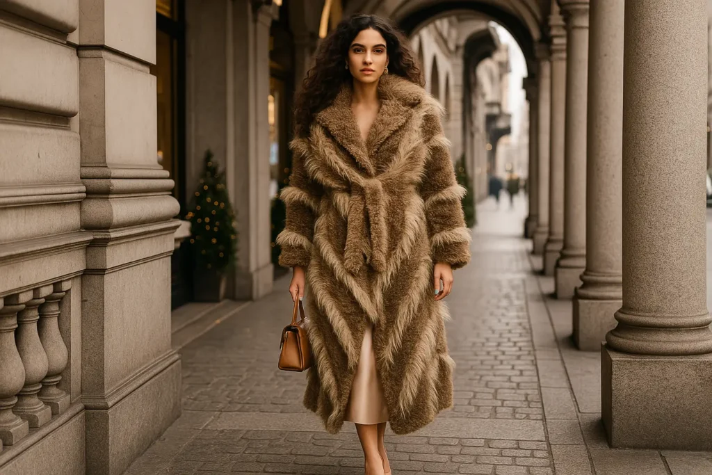 Elegancki płaszcz ze sztucznego futra damskiego na randkę FORTINI