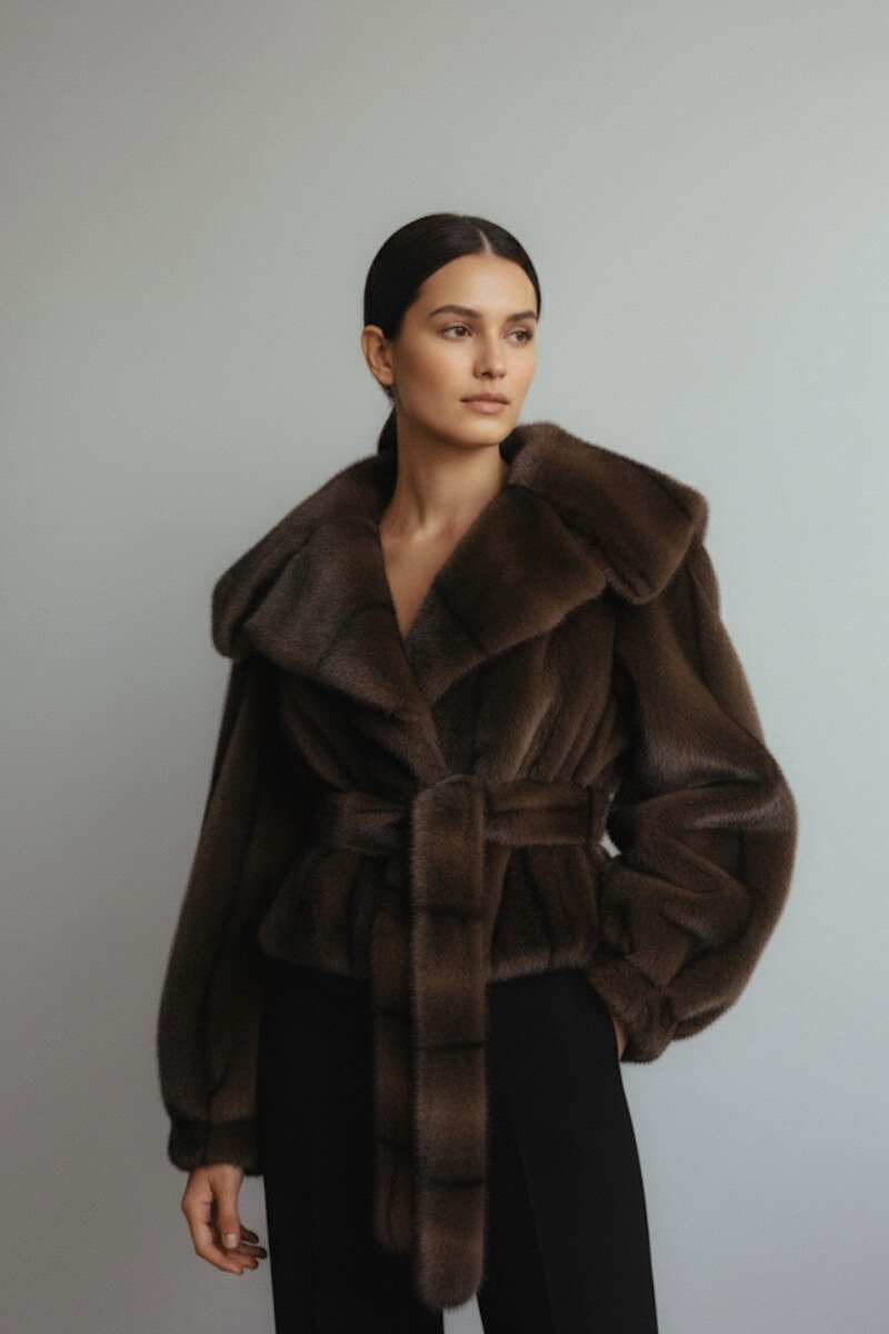 Brązowe sztuczne futerko OLD MONEY z dużym kołnierzem