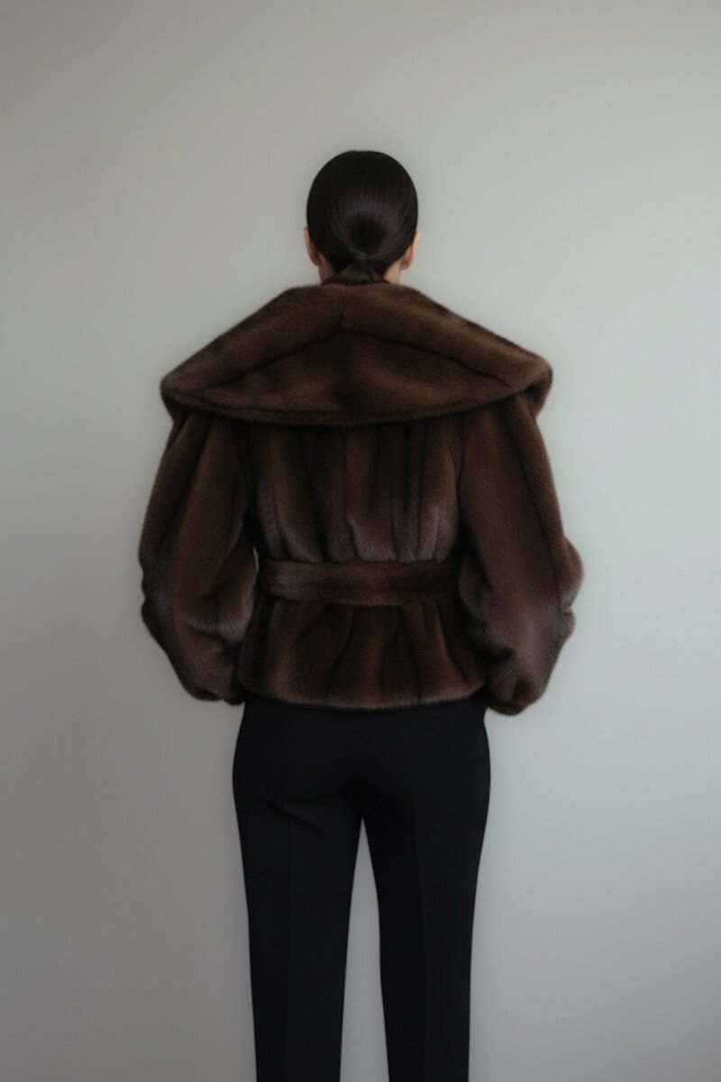 Krótkie brązowe futro damskie OLD MONEY przewiązywane w pasie