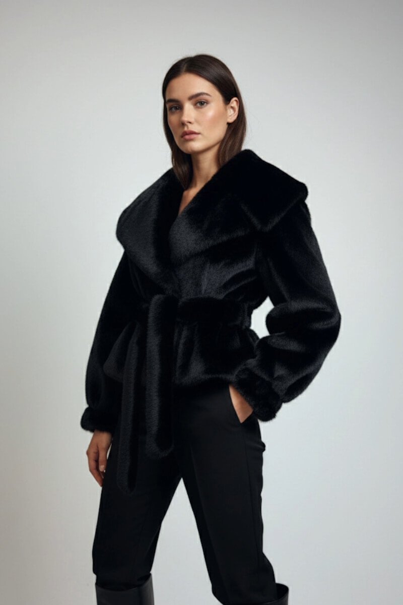 Czarne sztuczne futerko OLD MONEY z dużym kołnierzem