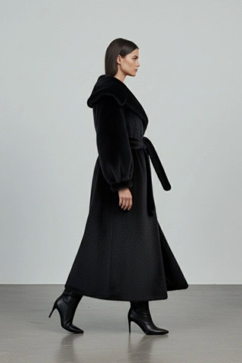 Eleganckie czarne futro damskie OLD MONEY z dużym kołnierzem