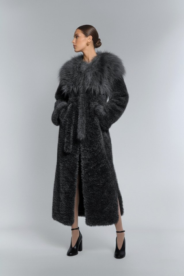 Grafitowe sztuczne futro SUPERSTAR – elegancki płaszcz maxi