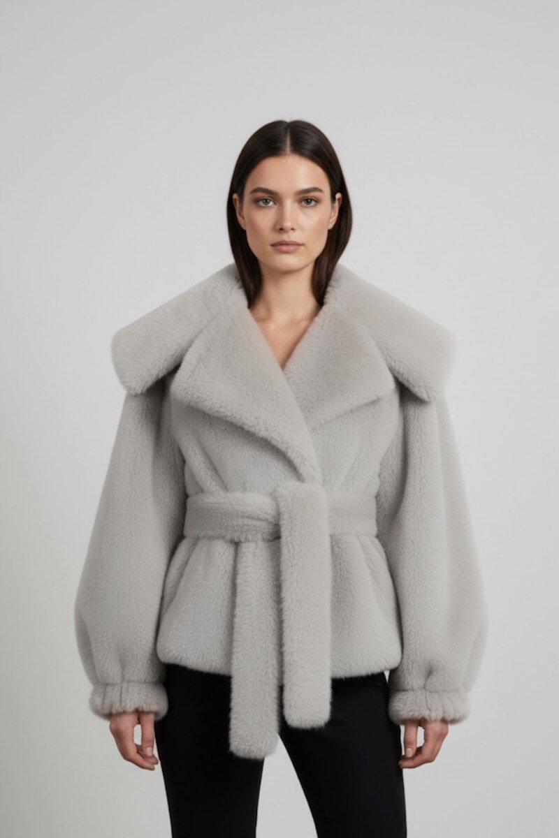 Szare sztuczne futerko OLD MONEY przewiązywane w pasie