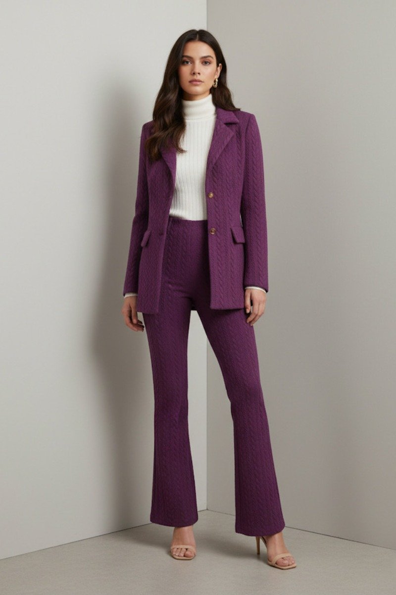 Fioletowy garnitur damski – jednorzędowa marynarka na dwa guziki i spodnie dzwony we wzór warkocza