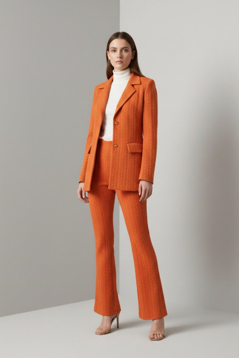 Pomarańczowy garnitur damski – jednorzędowa marynarka na dwa guziki i spodnie dzwony we wzór warkocza