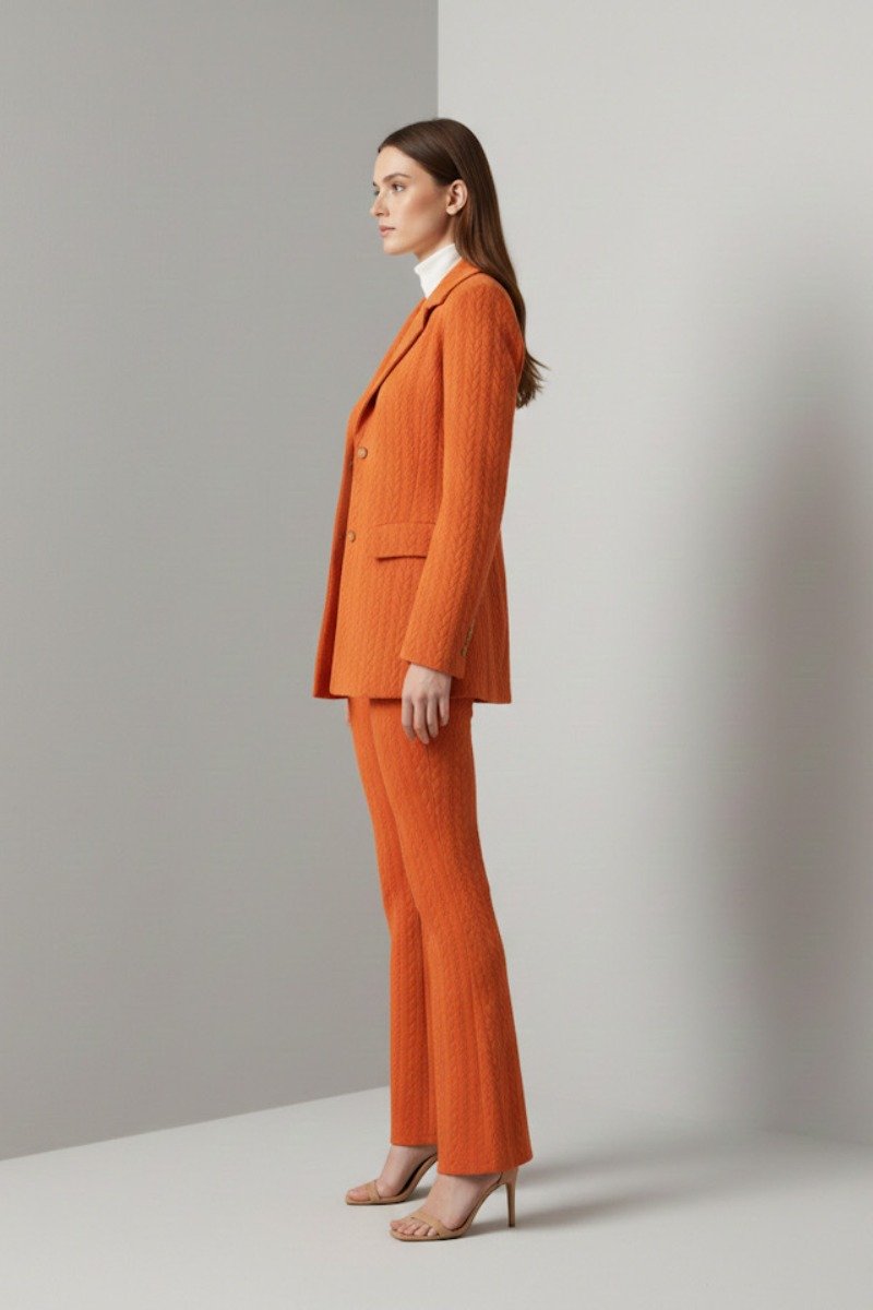 Pomarańczowy garnitur damski na modelce – elegancki garnitur damski komplet z marynarką i spodniami dzwony