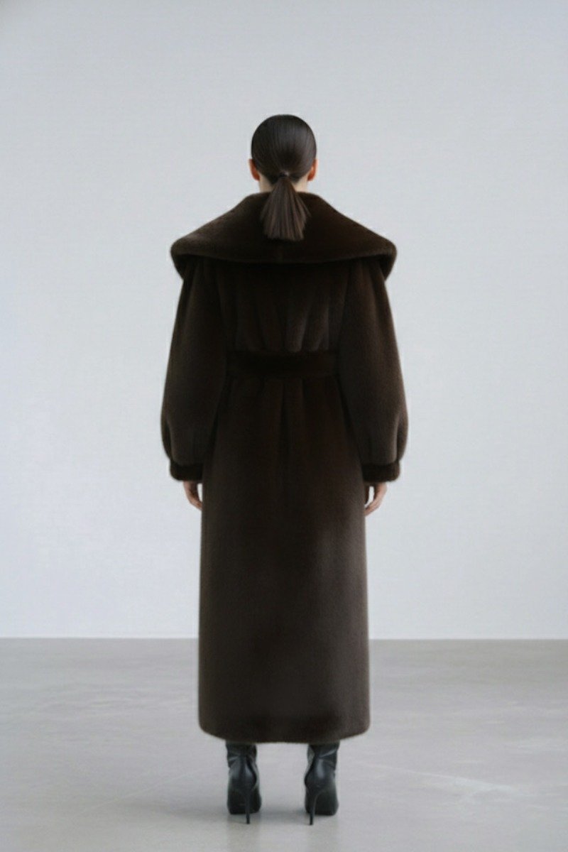 Modelka w brązowym długim futrze damskim OLD MONEY 2.0 ze sztucznego futra